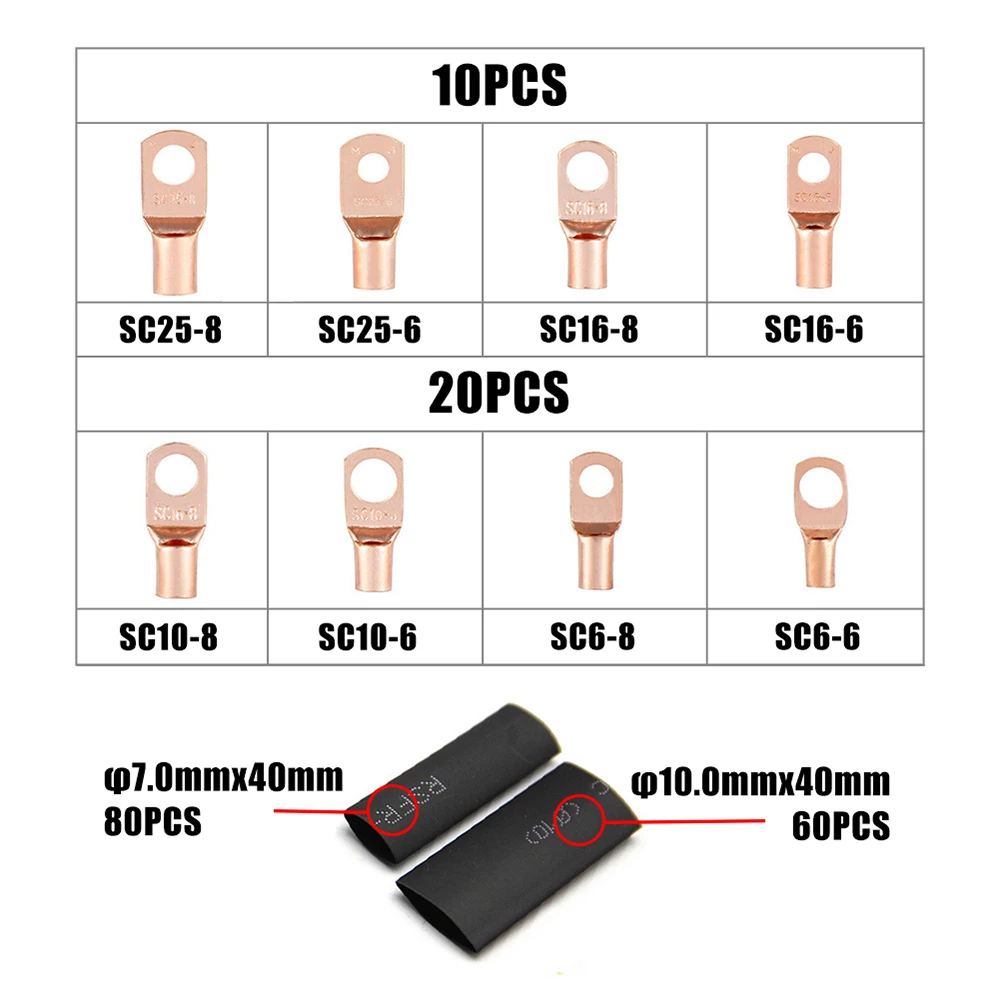 140/260pcs Various Automotive Welding Lugs Connector Kits Copper Ring Crimp Wire Terminals Bare Cable Battery Terminals