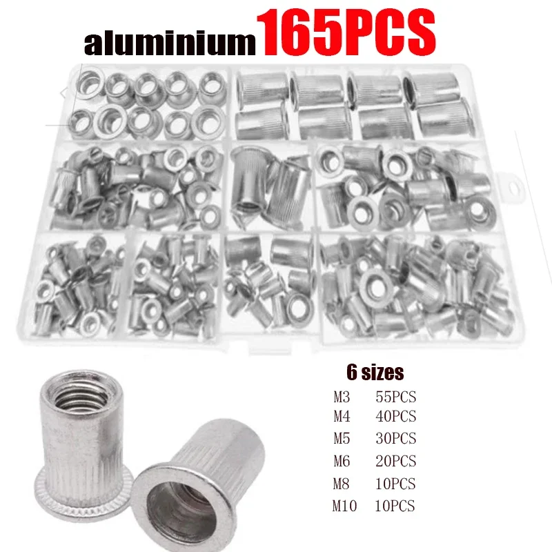 165/150/100pcs M3 M4 M5 M6 M8 M10 Aluminum Alloy Rivnut Flat Head Threaded Rivet Insert Nutsert Cap Rivet Nut Woodworking