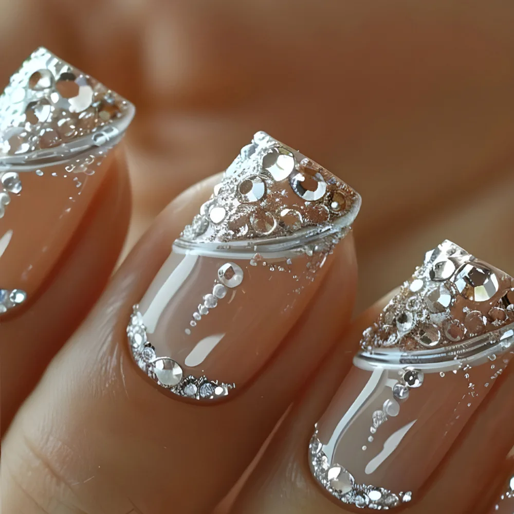 24Pcs Irregular French Fake Nail with Golden Broken Diamond Simple Finished Nails Art Short Square Head Press on False Nails view 2