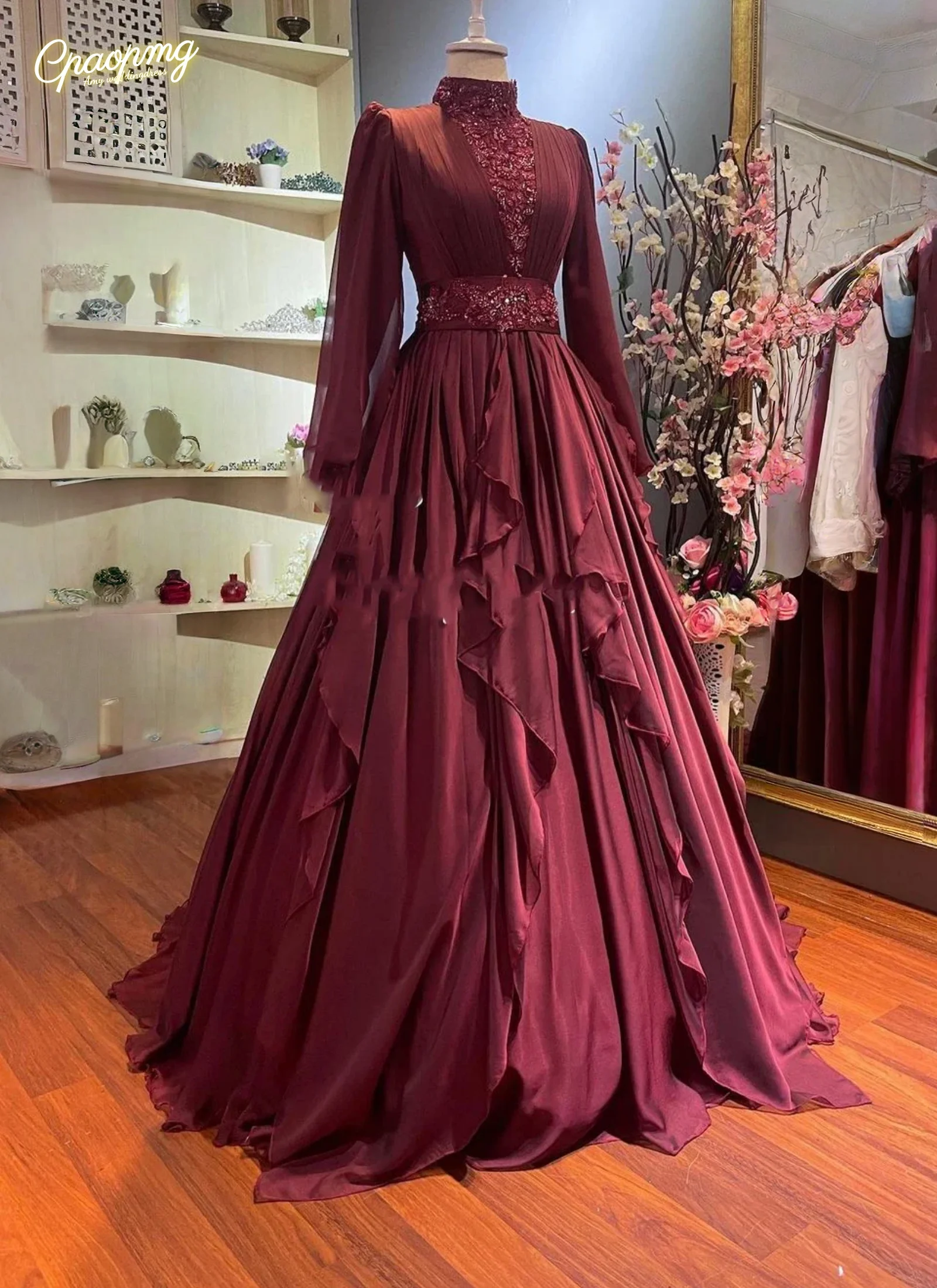 

Изысканные мусульманские вечерние платья с длинным рукавом, из тюля, с бисером, А-силуэт, в арабском стиле, очаровательные выпускные и вечерние наряды для женщин