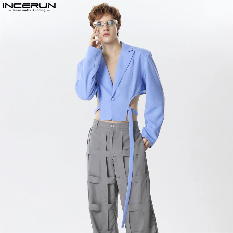 INCERUN Men Irregular Blazer Solid Color Lapel Long Sleeve One Button Casual Suits Men Streetwear 2024 Fashion Crop Coats S-5XL