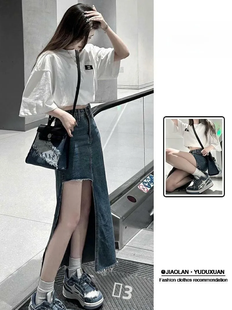 

Asymmetrical Slit Denim Skirt Women's Summer 2024 New Design Slim A-Line Long Skirts Street Style mid Waist Midi Skirt