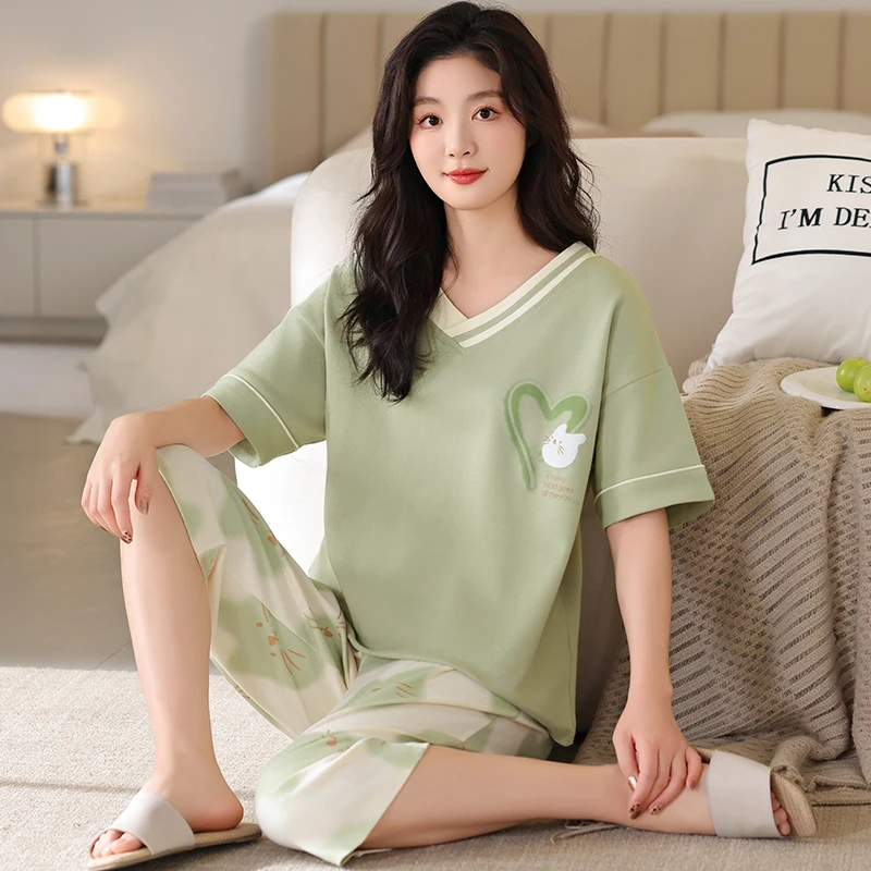 

Summer Women's Sleep Lounge Pajamas Short Sleeved Woman Pajama Set Cartoon Rabbit Pyjamas Big Yards 5XL Cotton V-Neck Sleepwear