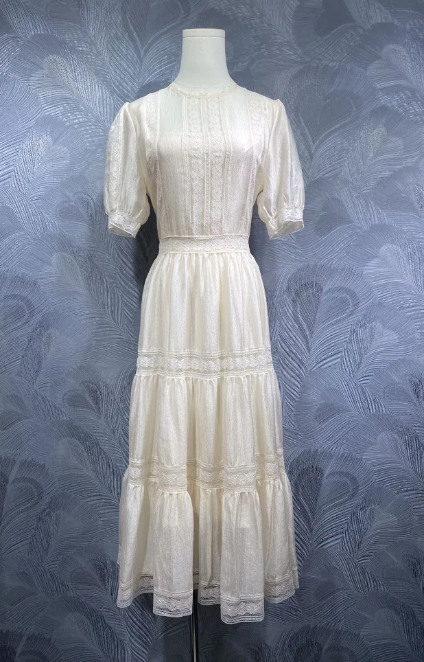 High Quality New Chiffon Dress 2025 Summer Lady Sexy Tulle Lace Patchwork Short Sleeve Big Swing Party Club Dress Kaki Beige