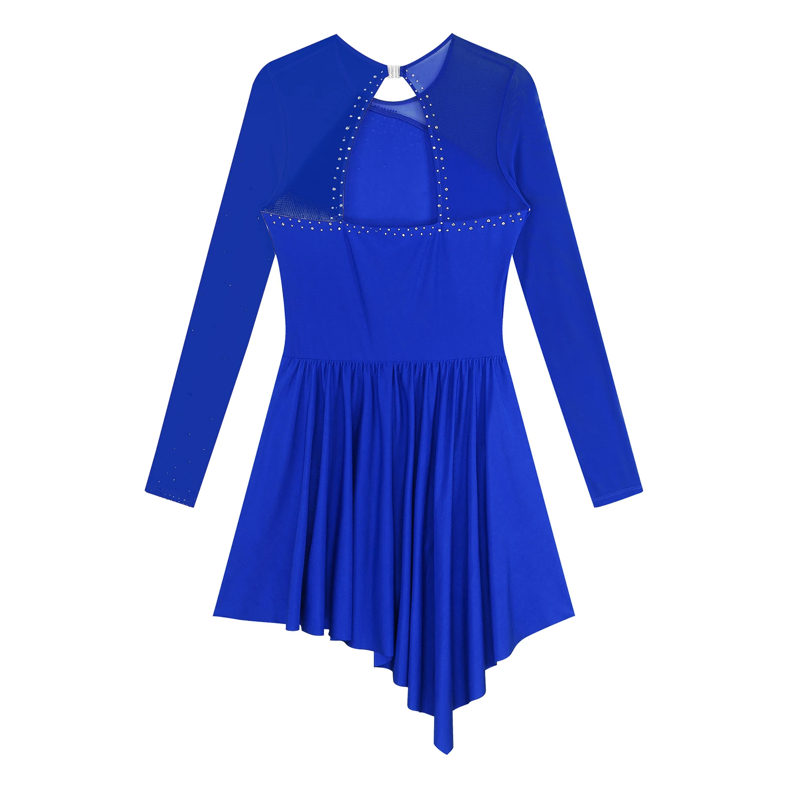 

Womens Glittery Rhinestones Lyrical Dance Dresses Modern Dance Figure Skating Performance Costumes Cutout Back Long Sleeve Dress