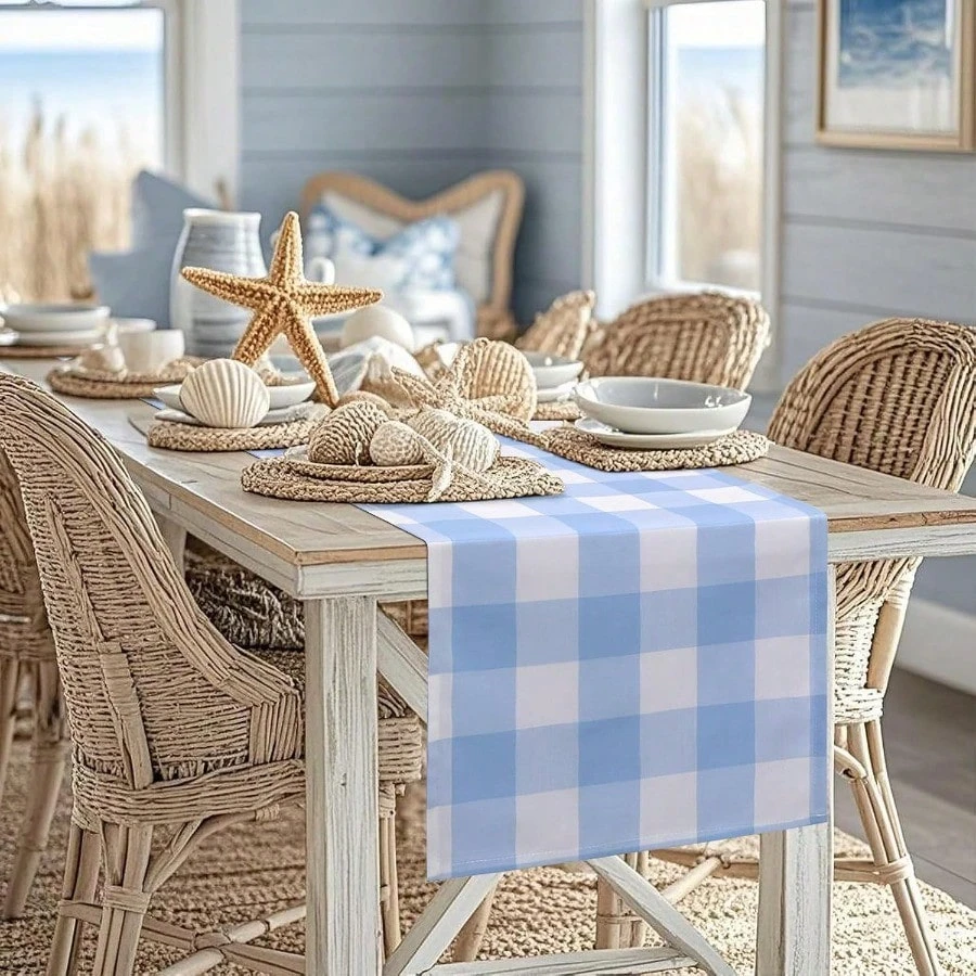 Blauer Gingham-Tischläufer, klassisches Karomuster, lässige Tischdekoration für Esstisch, Picknick, Party-Dekoration, zeitloses Design