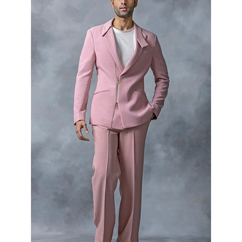 

Тонкий мужской костюм на розовой молнии по индивидуальному заказу, комплект из двух предметов (куртка + брюки), наряды для банкета, официальные костюмы для свадебной вечеринки, повседневные повседневные комплекты