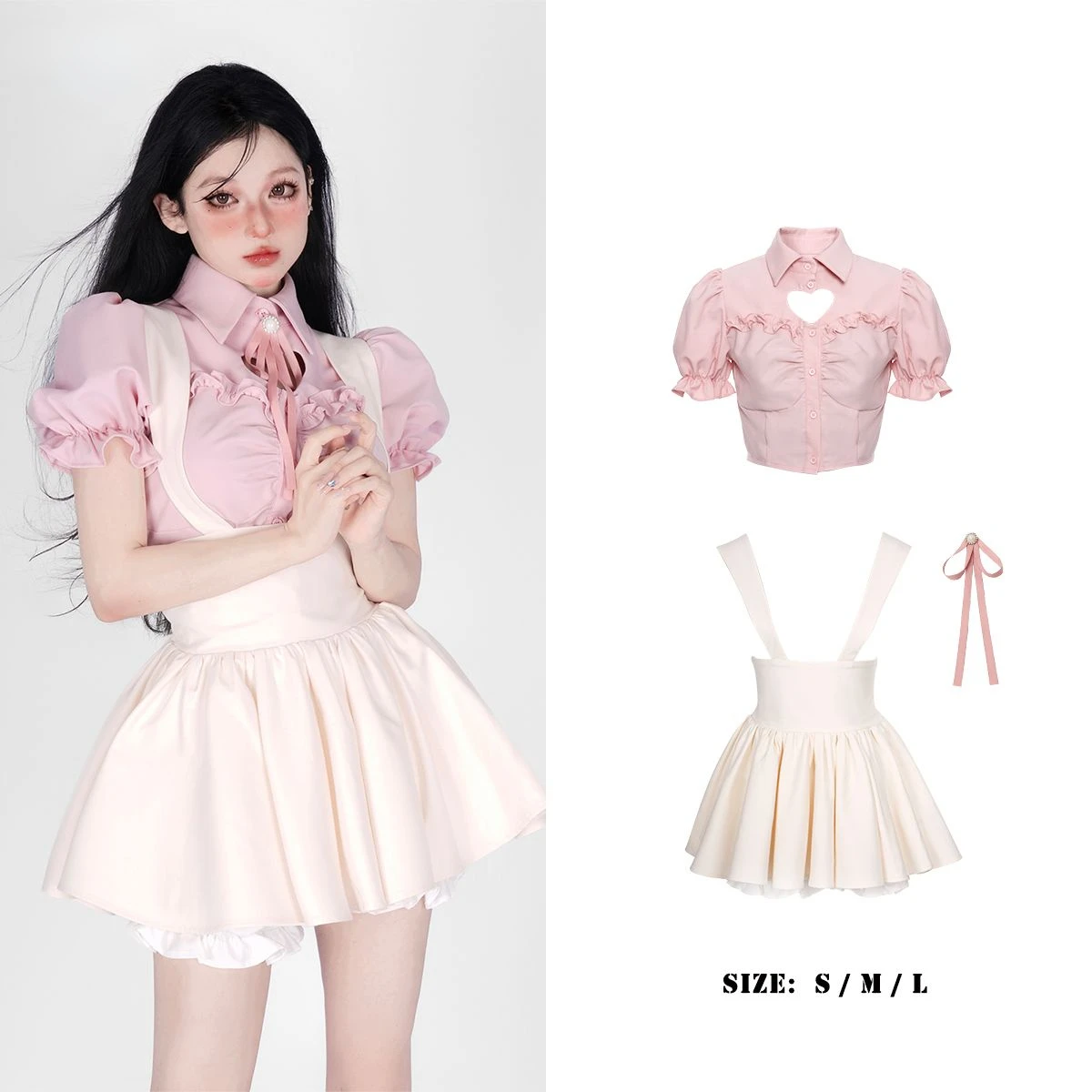 Early Spring New Sweet Girl Suit Women's Pink Bubble Sleeve Shirt Top Apricot Strap Dress Two Piece Set Fashion Female Clothes