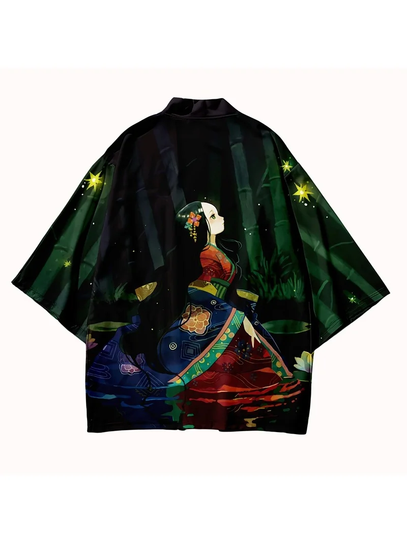 2024, черный юката с принтом персонажей аниме, женский Harajuku, традиционный японский костюм, японский кардиган, кимоно, мужской косплей Хаори
