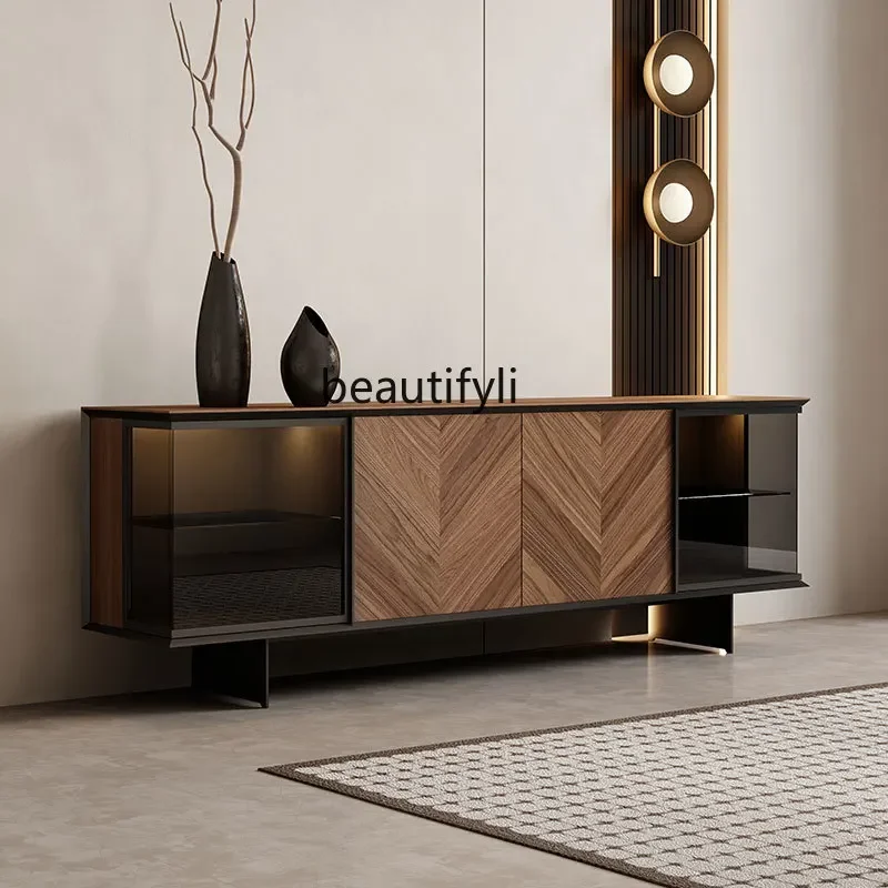 

Italian style, walnut, simple and modern, living room storage glass TV cabinet