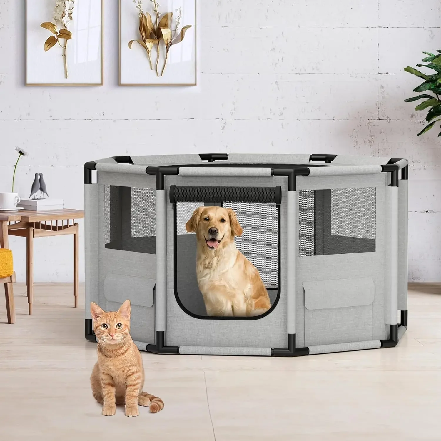 Octagon  Dog Playpen Oxford Fabric Dog Fence Steel Pipe Frame Breathable Mesh Double Openings with Storage Bag Pet Playpen