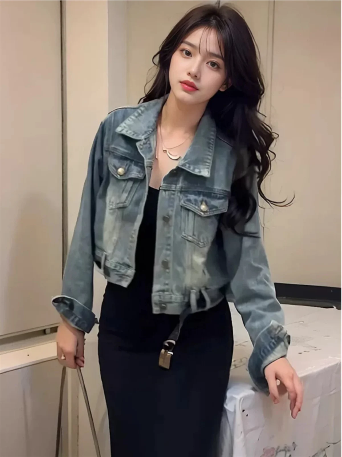 Denim Coats Jacket For Women Womens Spring O-Neck Snap Button Slim-Fit Soft Flare Preppy Style Outcoats Waist-Cinching Patchwork
