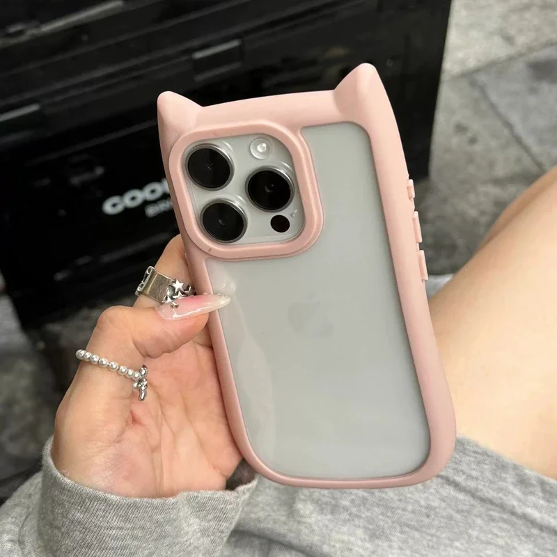 Cute Cat Ear Transparent Case For iPhone 12 13 14 15 Pro Max 11 16 Shockproof Hard Acrylic Back Cover Soft Silicone Kawaii Funda