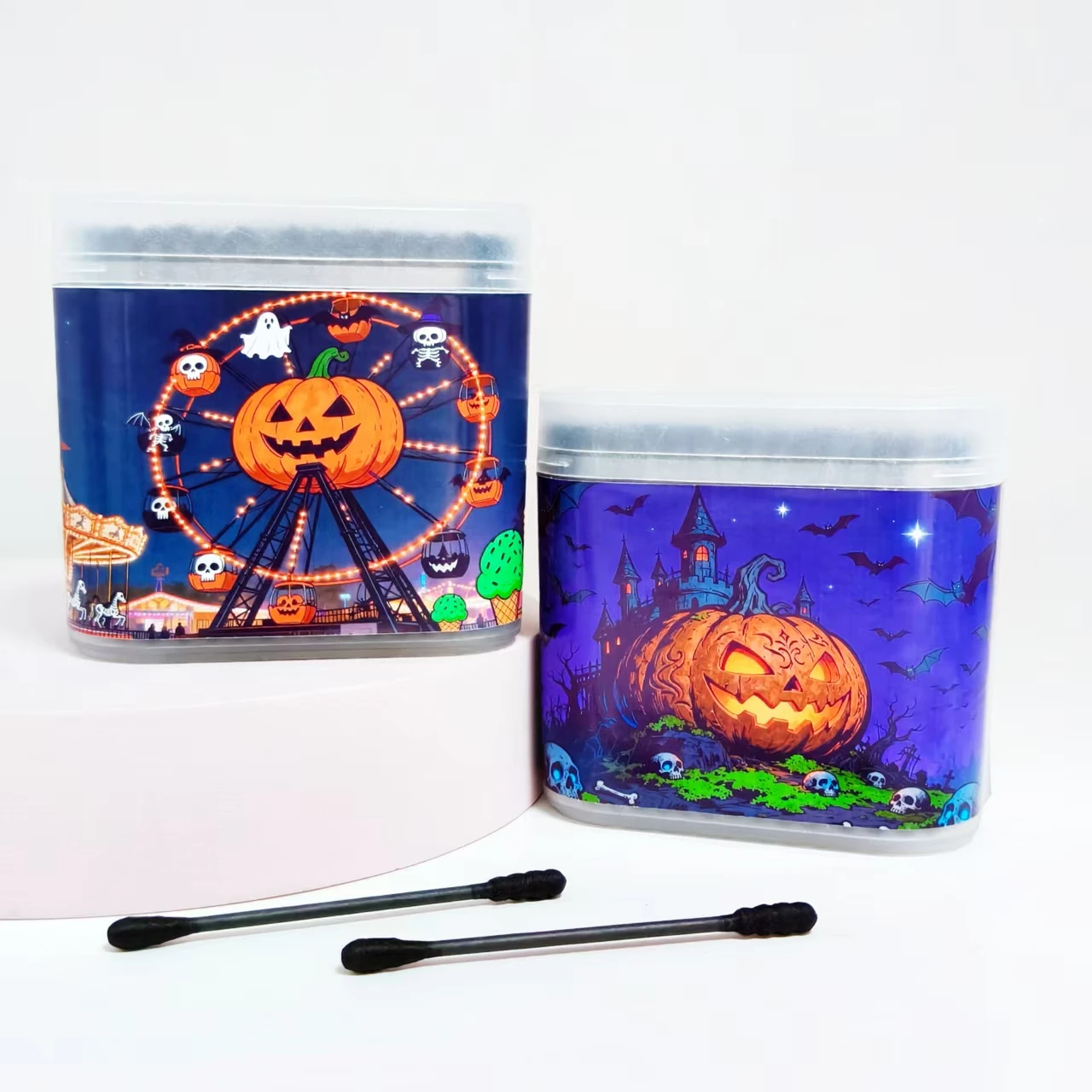 200개/400개 할로윈 호박 무늬 면봉 볼 블랙 무광 박스 포장 양면 면봉