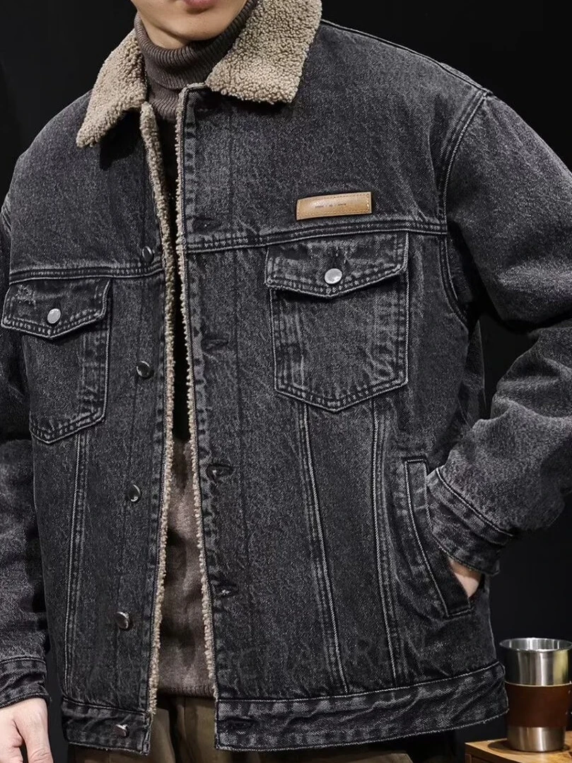 

Thiened Fce на подкладке, повседневная мужская джинсовая куртка свободного покроя с бархатным воротником ягненка, без бренда, уличная длина, стандартная длина све