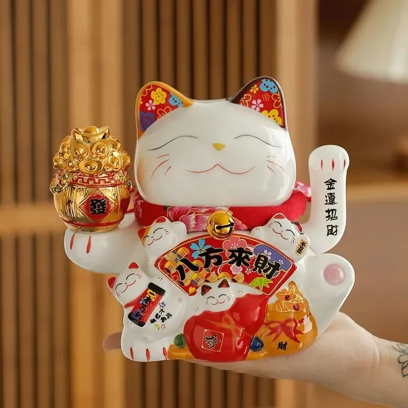 7 Inch Fortune Cat with Waving Arm Ceramic ManekI Neko Feng Shui Ornament Lucky Cat for Shops, Restaur