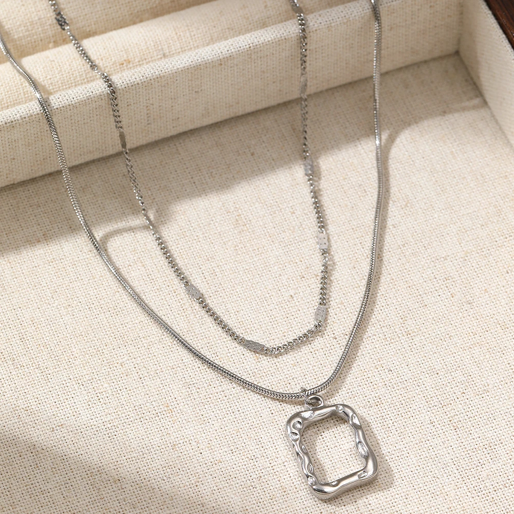 Stainless Steel Necklace Classic Fashion Openwork Square Pendant Layer Chain Necklace For Women Jewelry Party Personalized Gifts