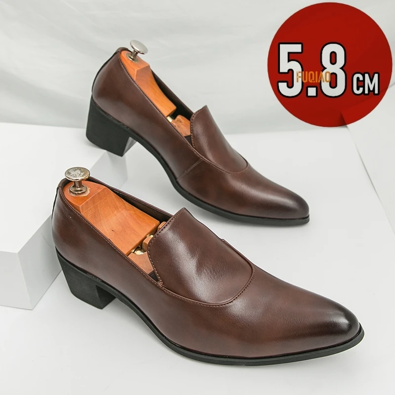 

Мужские модельные туфли, лоферы на высоком каблуке с острым носком, деловые деловые кожаные туфли без шнуровки на резиновой подошве, оксфорды с лифтом 5,8 см