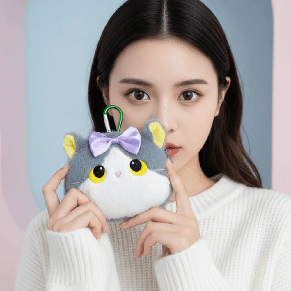 Star Decor Cat Coin Purse Faux Fur Compact Size Mini Wallet Lightweight Texture Cute Embroidery Earbud Storage Bag