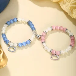 2Pcs Blue and Pink Beads Bracelets Cute Hello Cat Pendant Heart Shape Magnet Elastic Couple's Bracelets Bff Trendy Jewelry Gifts