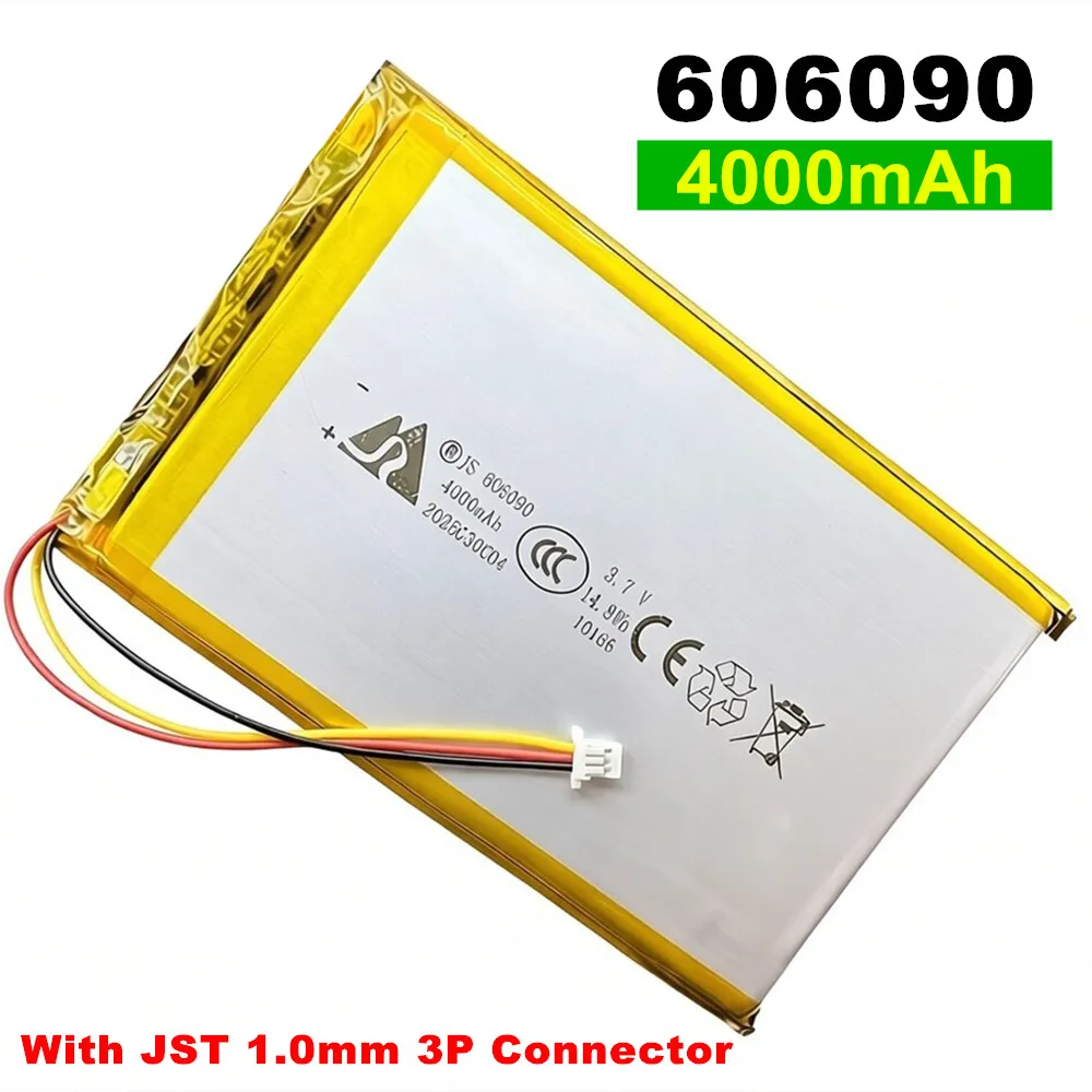 4000mAh 3.7V 606090 With JST 1.0mm 3Pin Plug Polymer Lithium Rechargeable Battery For GPS Dashcam Bluetooth Headphones Headset