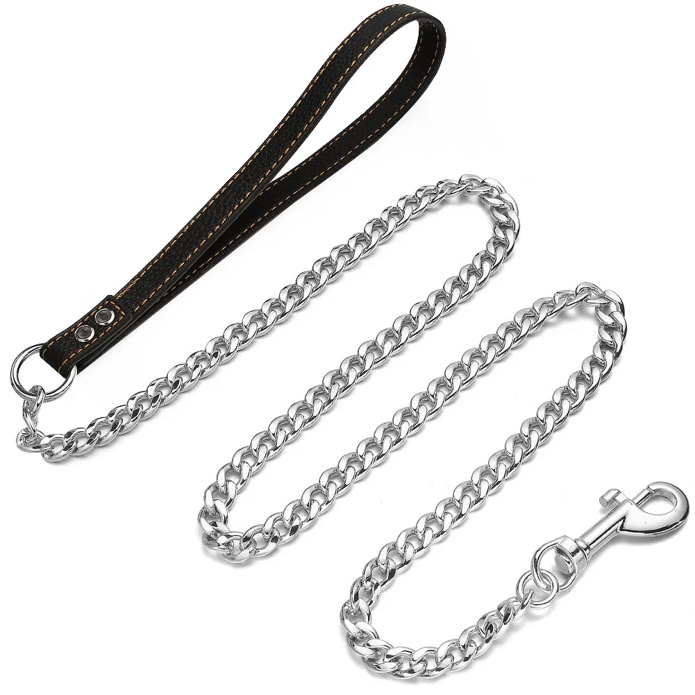 

FT/4FT/5FT Metal Dog Lead Stainless Steel Chain Silver Tone Pet Leash with Leather Handle Training For Medium Large Dog