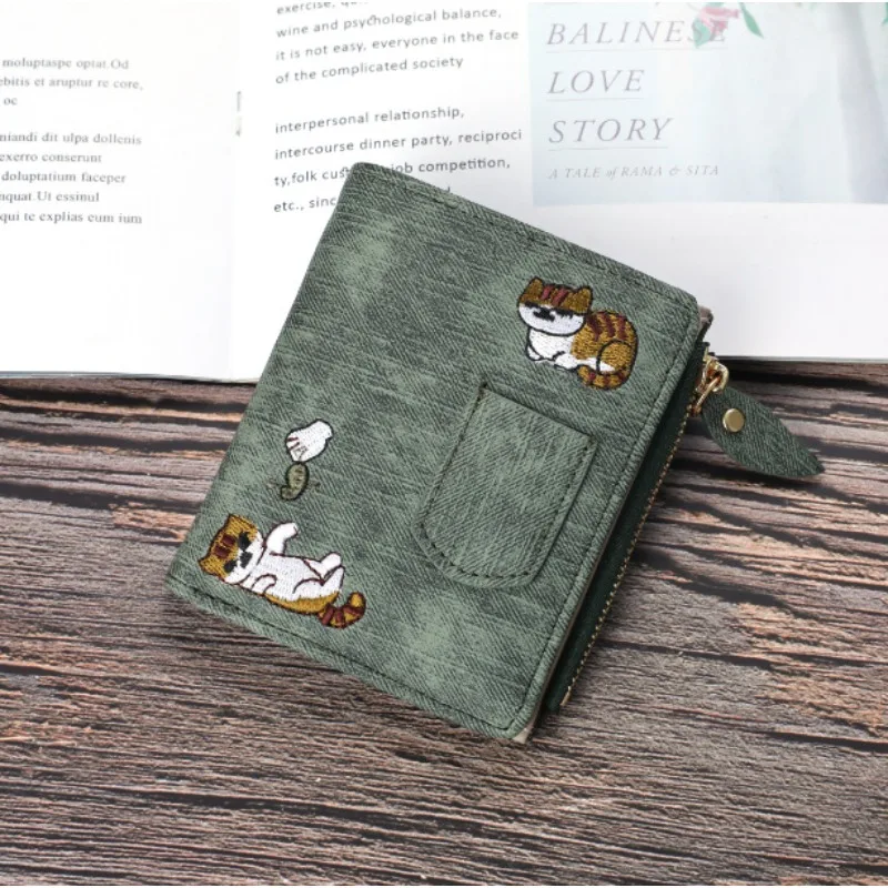 Embroidery Cat Women Short Wallet Zipper Coin Purse Short Women's Wallet Kawaii Mini Cards Holder Clutch for Girl Carteras Mujer