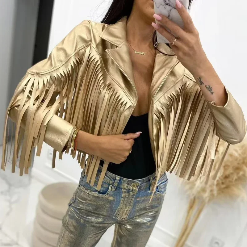 High Street Sexy Splicing Tassel PU Jacket Women Spring Lapel Neck Short Top Cardigan Fall Long Sleeve Solid Office Coat Outwear