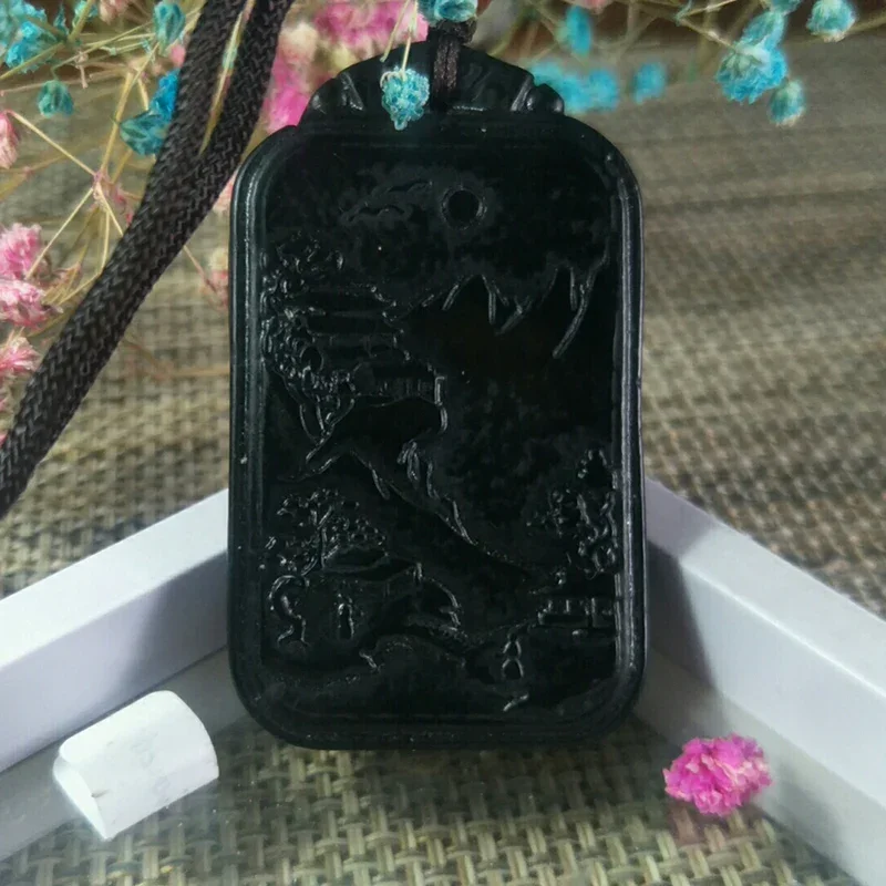 Natural Black-Green Jade Mountain Water Jade Pendant Jewelry Lucky Exorcise Evil Spirits Safety Charms Jade Fine Jewelry