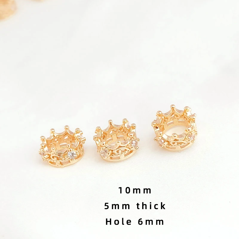 3pcs Copper Clad 14K Gold Micro Inlaid Zircon Big Hole Crown Cap  DIY Made Jewelry Discovery Necklace Bracelet Hair Accessories