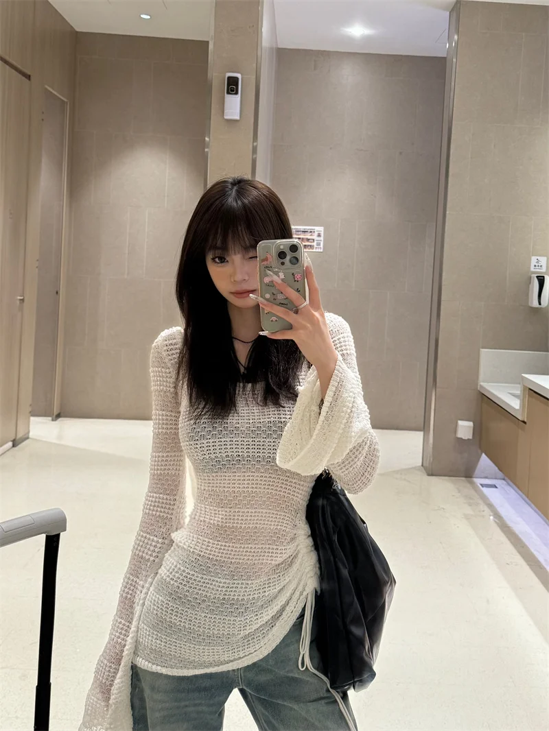 Hollow Out Long Sleeve Knitwear Summer New Beach Cover Up Drawstring Off Shoulder Design Solid Slim Irregular Pullover Women