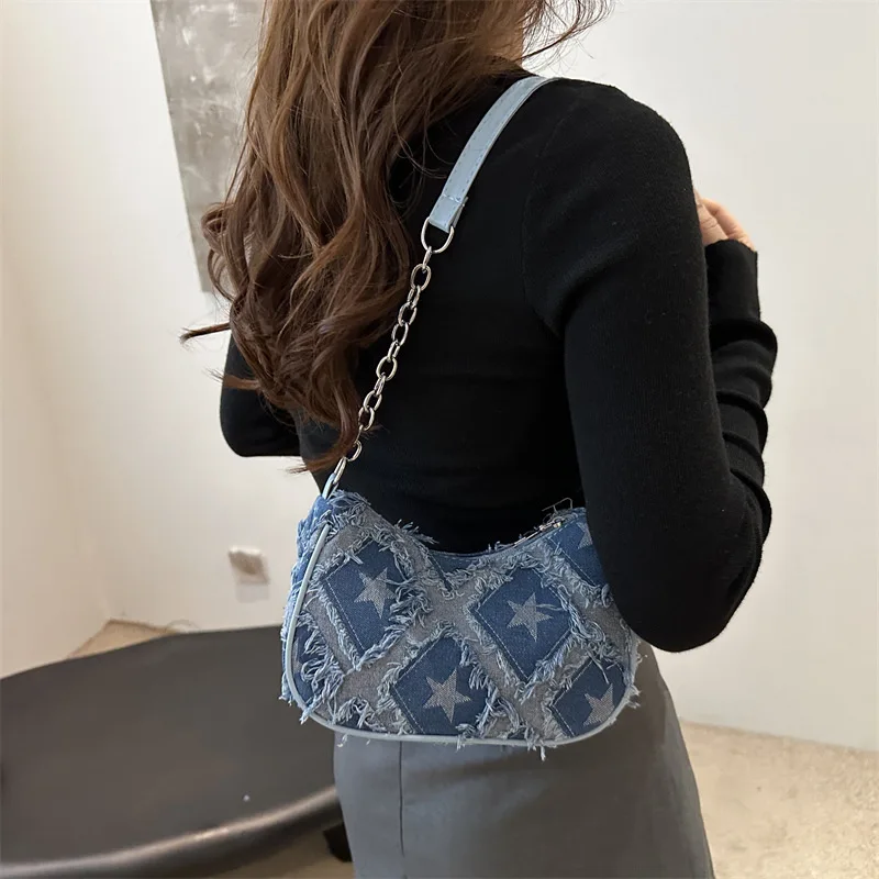 Fashion Design Casual Personality Gradient Star Denim Chain Crossbody Single Shoulder Underarm Women's Bag