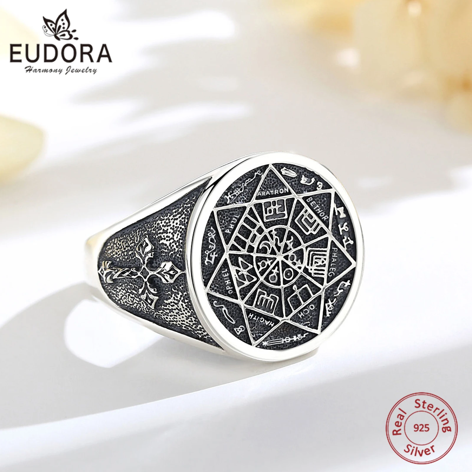 

Eudora стерлингового серебра 925 пробы, семь архангелов, регулируемое кольцо, руна, волшебный круг, кольцо с крестом, духовное ювелирное изделие, подарок для мужчин и женщин
