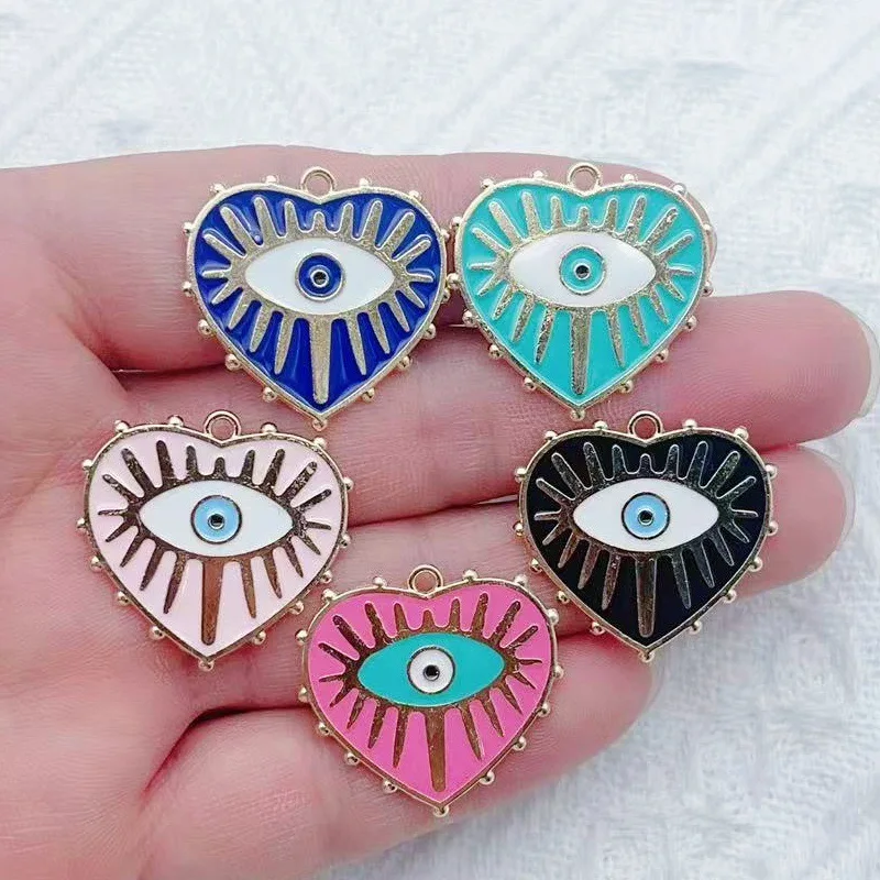 10 pendentifs Œil bleu maléfique en alliage, pendentif cœur goutte d'huile, pour collier DIY, porte-clés, bijoux Œil du diable