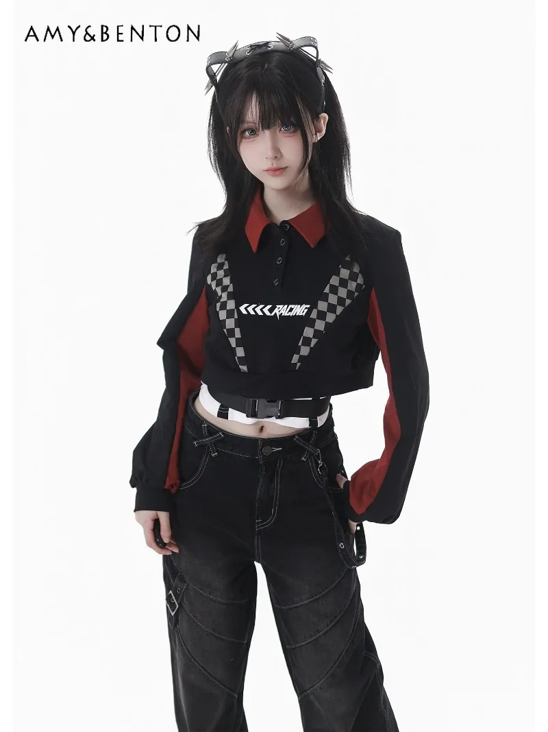 Sweet Cool Motorcycle Style Hot Girl Red and Black Patchwork Top Jeans Sets Gothic Y2K High Waist Straight Pants Short Jackets