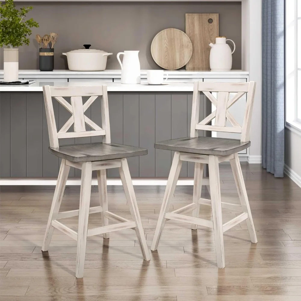 

Solid Wood High Back Swivel Counter Height Bar Stools Set of 2, Foot Rest, X Back, Tall Wooden Armless Dining Chairs