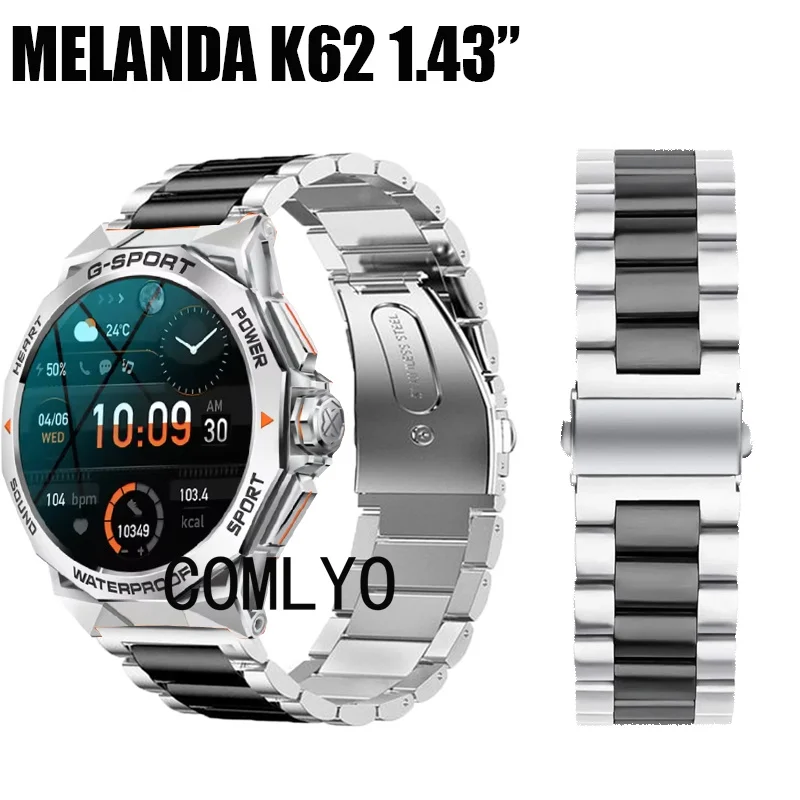 For MELANDA K62 1.43” Smart Watch Strap Stainless Steel Metal Band Bracelet Men Belt