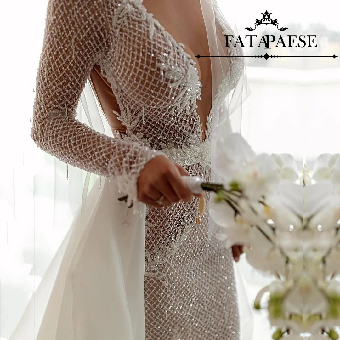 FATAPAESE Hand-embroidered Floral Bodice Sparkly Beaded Fishnet Captivates with Intimate Beaded Fringe Bridal Gown Chapel Train