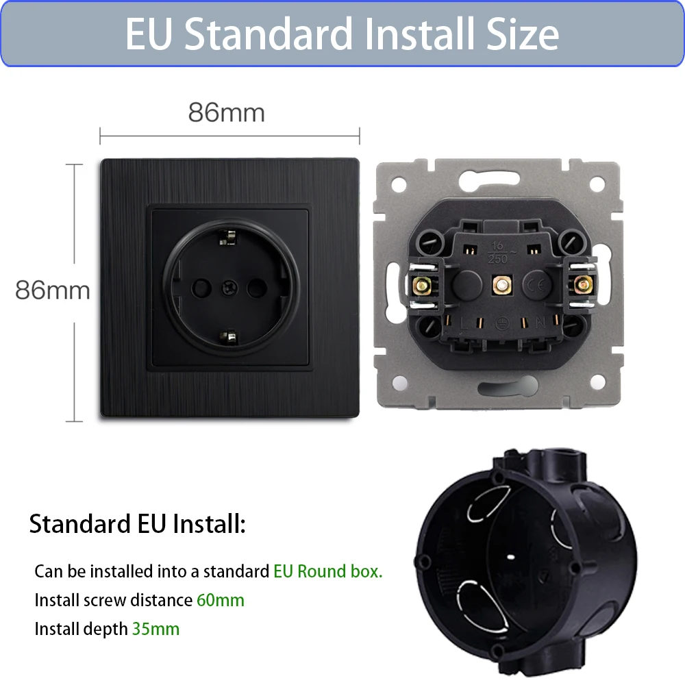 Wallpad EU Russian Standard Wall Light Switch Electrical Socket Schuko 20W Type C USB Charge Port Black Brushed Panel Q7 Series