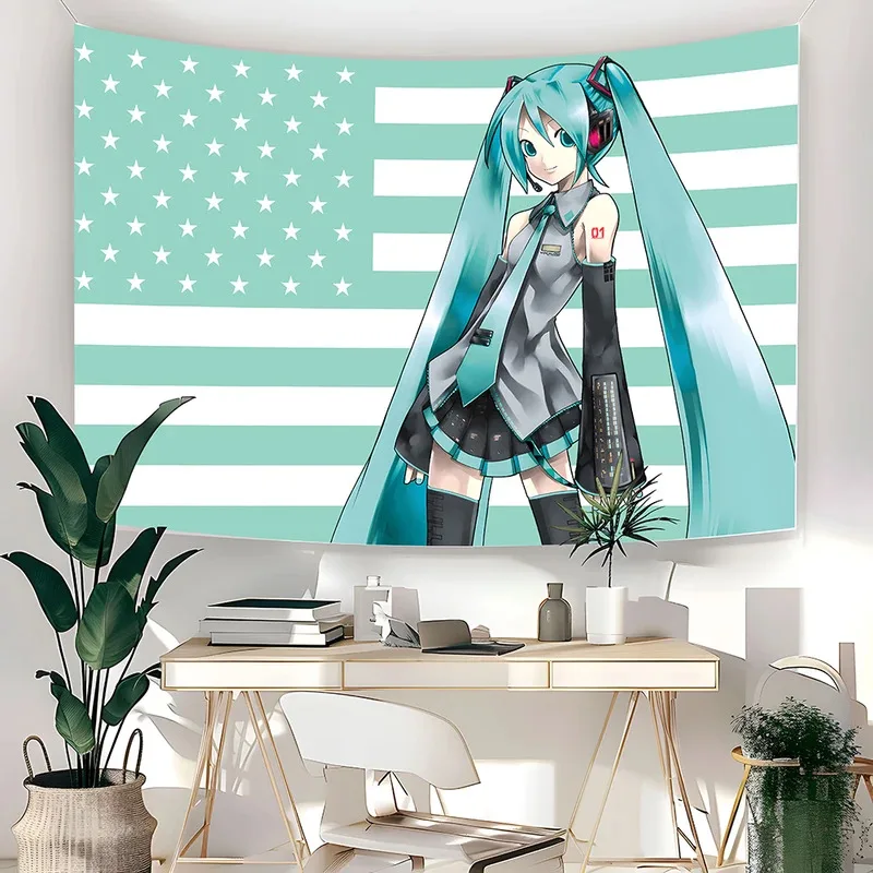 VIKAMA Miku American Flag Anime Tapestry Aesthetic Wall Hanging Backdrop Home Decor Suitable For Bedroom Headboards