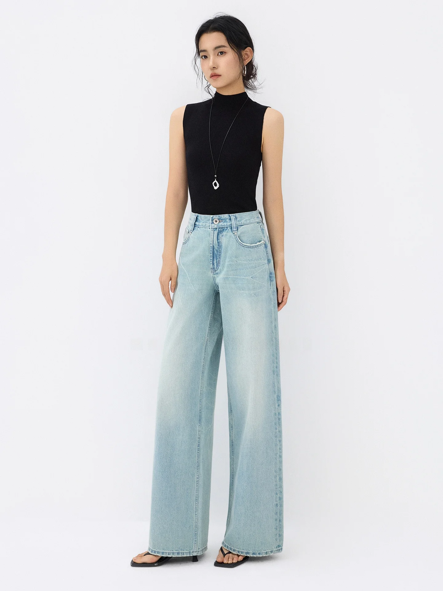 

Loose Wide Leg Blue Dyed Denim Pants Women's High Waist Drapey Straight Floor-Length Trousers Spring 2026 New Sle