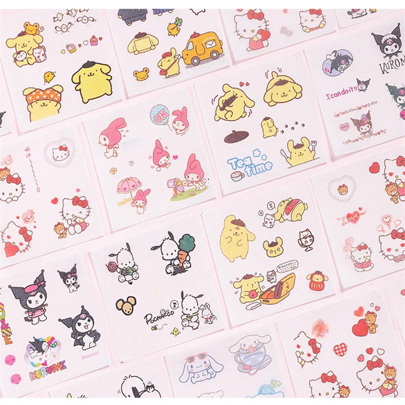 Kawaii Cartoon Hello Kitty Sticker Roll Gift Box Cute Cinnamoroll Kuromi My Melody Hand Acount Tape Stickers Decal Kids Toys