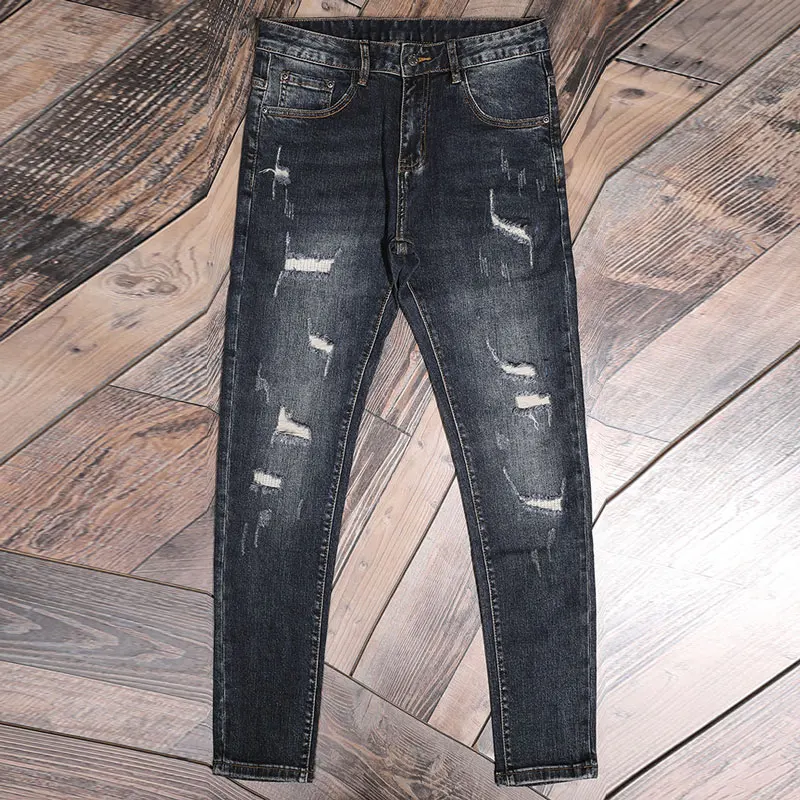 High Street Fashion Men Jeans Retro Dark Blue Stretch Skinny Fit Ripped Jeans Men Vintage Designer Denim Pencil Pants Hombre