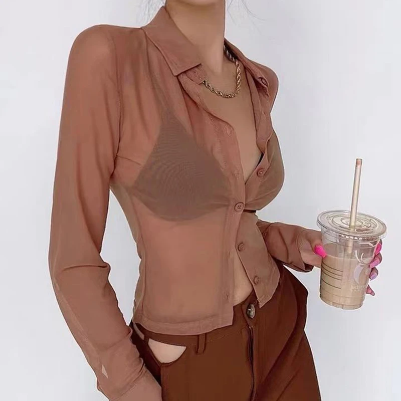 Summer Sexy Women Shirts See Through Transparent Mesh Tops Long Sleeve Slim Ladies Blouse Crop Top 2022