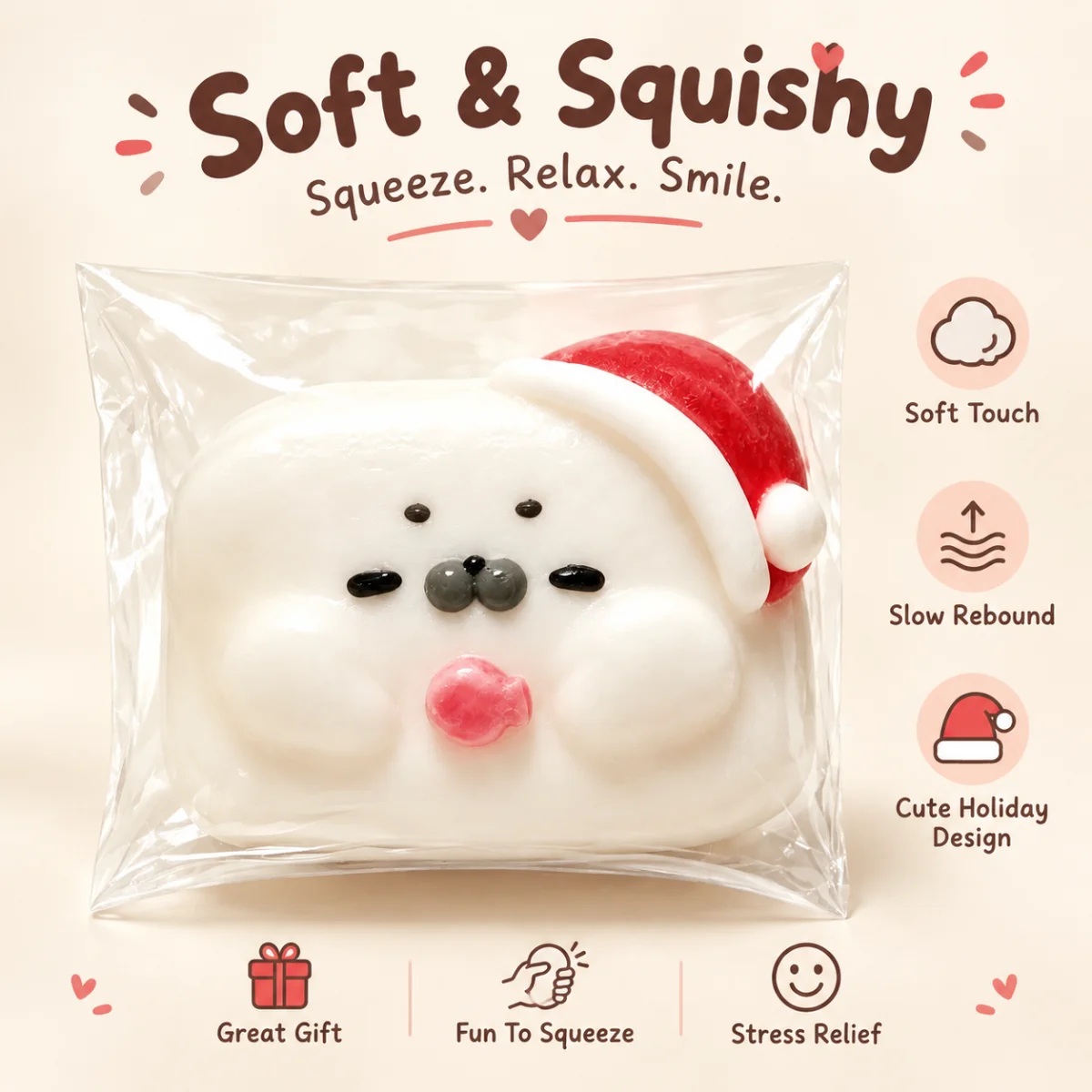 Food Grade Silicone Christmas Seal Squishy Toy Cute White Seal With Santa Hat Stress Relief Squeeze Fidget Toy For Kids