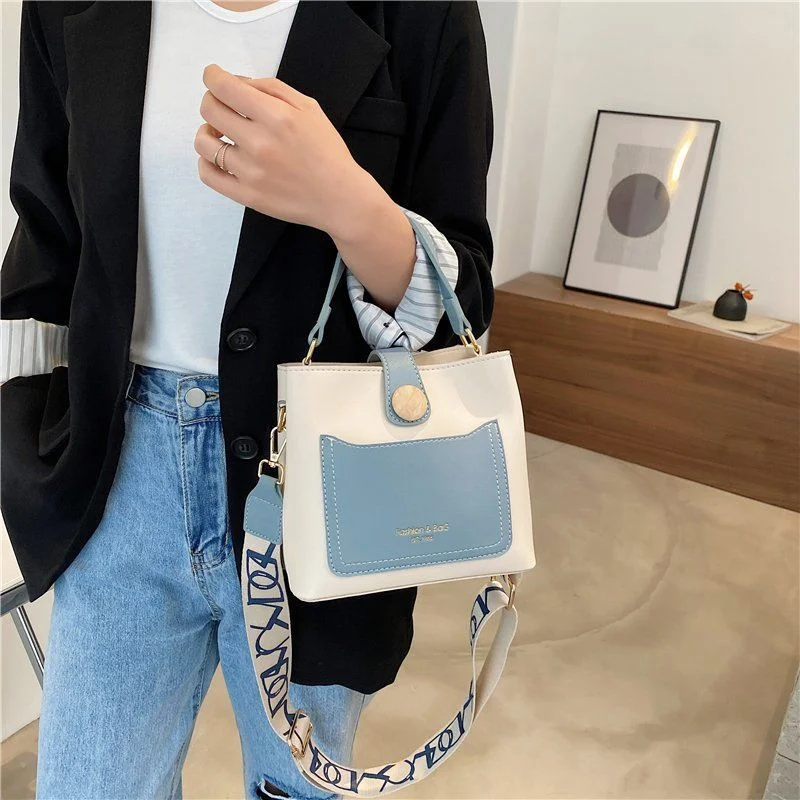 Fashion Women PU Leather Small Bucket Tote Bags Luxury High-capacity Handbags Wide Strap Female Shoulder Crossbody Messenger Bag