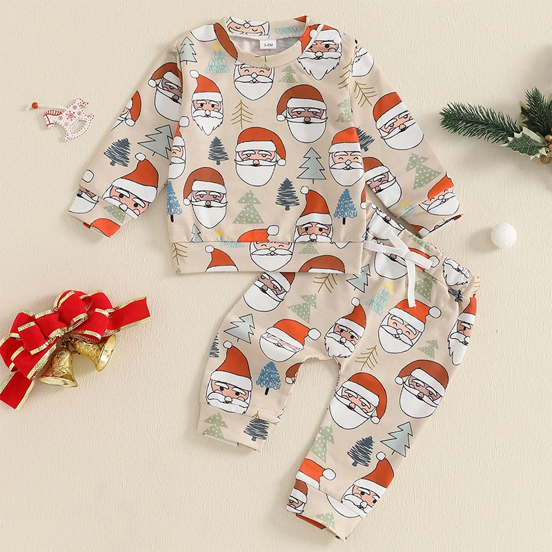 Roupa de outono de 2 peças para bebê Papai Noel com estampa de árvore de Natal Conjunto de moletom de manga comprida e calças elásticas para recém-nascidos