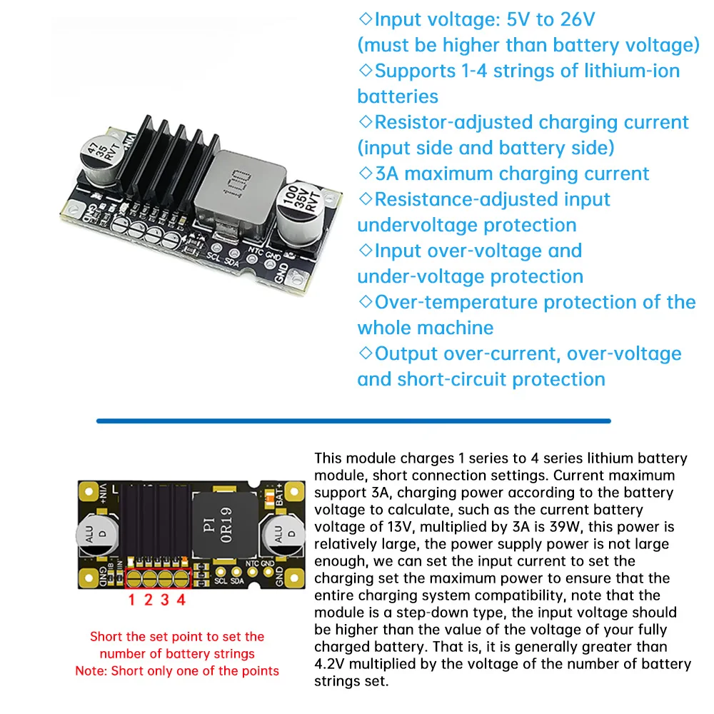 1S 2S 3S 4S 3A 40W Li-ion Battery Charging Buck Module with Temperature Protection Current Adjustable 5-26V Multiple Protection