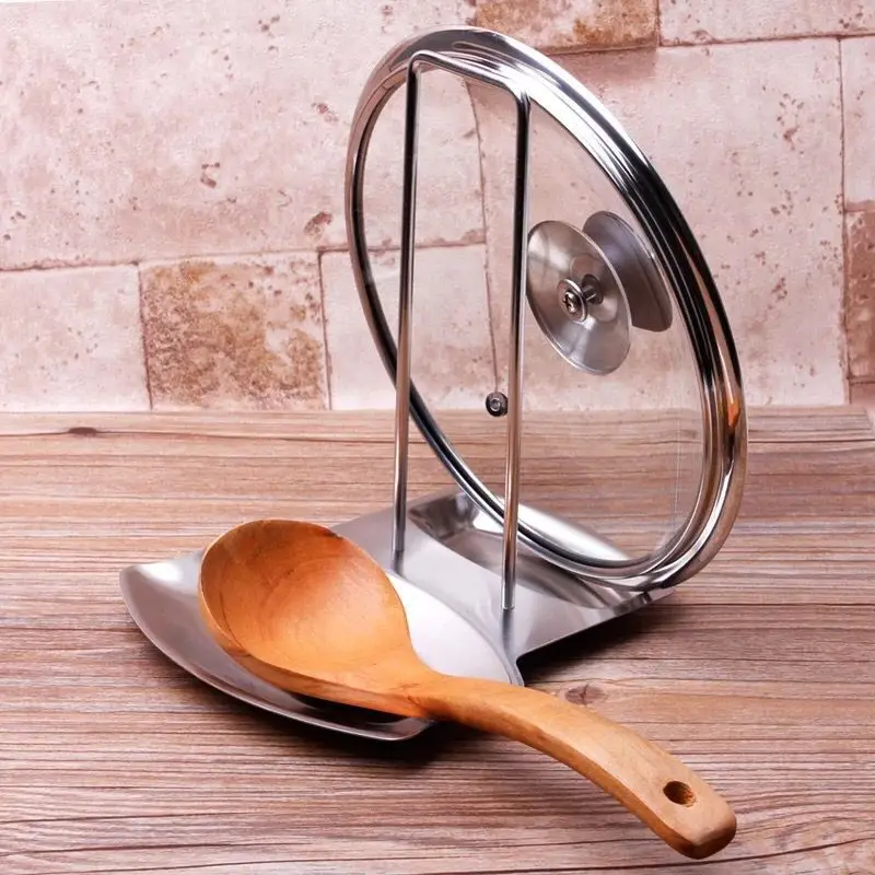 

Stainless Steel Pan Pot Cover Stand Silver Color Soup Spoon Holder Drain Rack Stove Organizer Storage Kitchen Tools Accessories