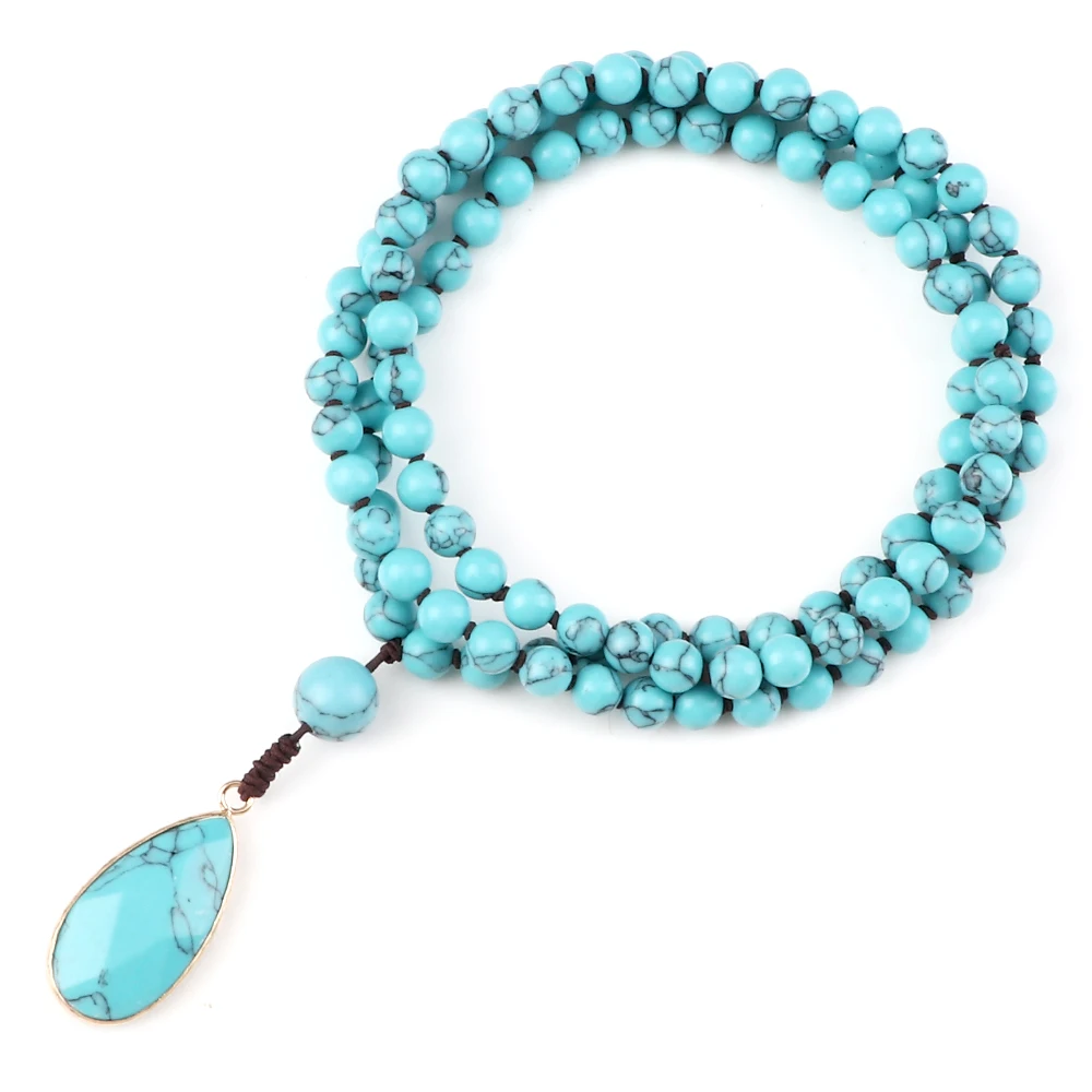 Fashion Water Drop Pendant Necklace For Women Natural Blue Stone Beaded Necklace 108 Beads Japamala Prayer Necklace Men Jewelry